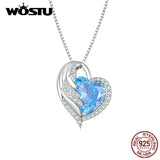 925 Silver Ocean Crystal Heart Charm Necklace Angel Wing Choker