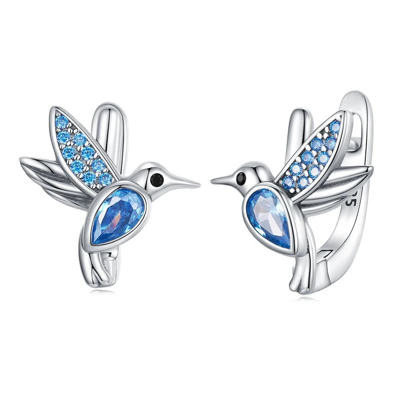 925 Silver Hummingbird Hoop Earrings Crystal Drop Ear Clips Wedding Jewelry