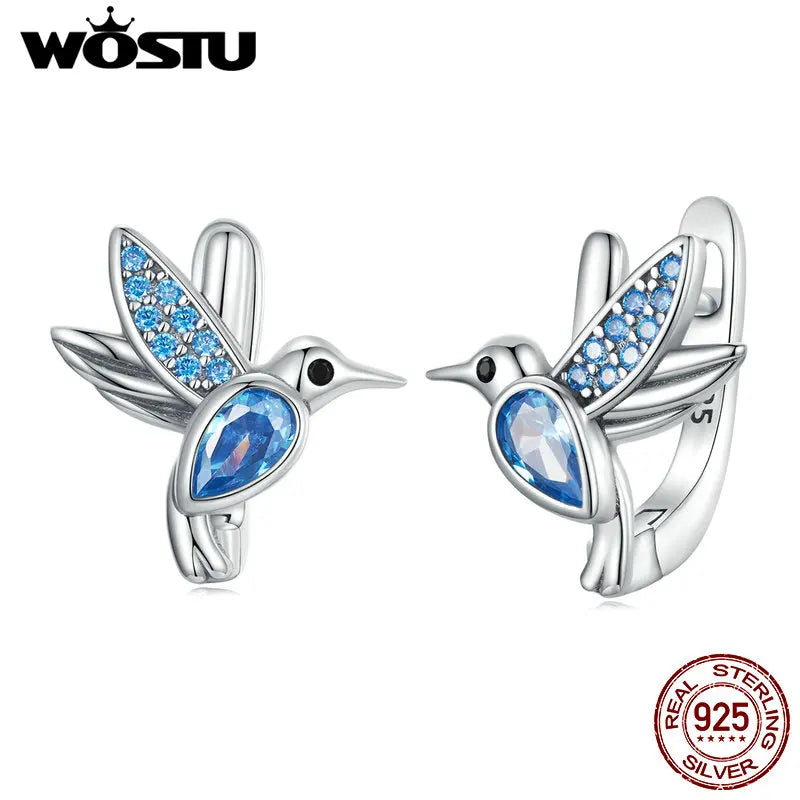 925 Silver Humming Bird Hoop Earrings Crystal Drop Ear Clips