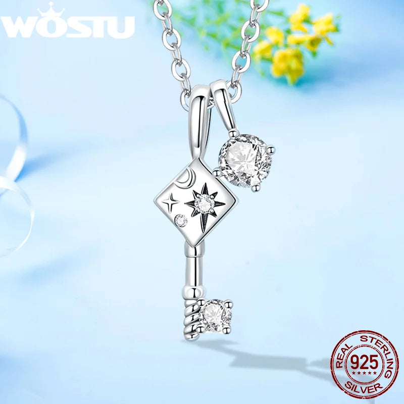 925 Silver Key & Lock Charming Necklace Star Moon Sun Chain Fine Jewelry