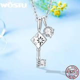 925 Silver Key & Lock Charming Necklace Star Moon Sun Chain Fine Jewelry