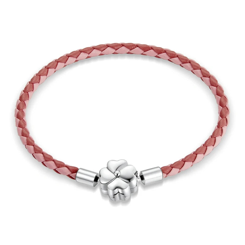 925 Silver Lucky 4-Leaf Leather Bracelet For Women