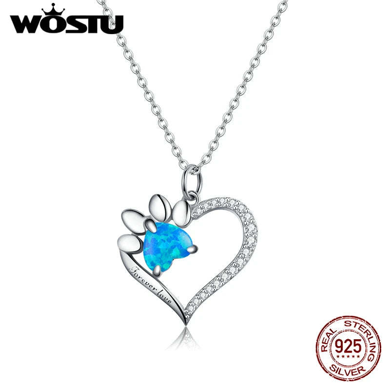 925 Silver Heart Necklace Paw Zircon Long Chain Link CTN225