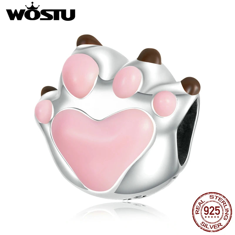 925 Silver Pink Pet Paw Charms Beads Women Bracelet Bangle Jewelry