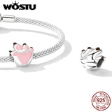925 Silver Pink Pet Paw Charms Beads Women Bracelet Bangle Jewelry