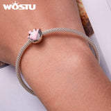 925 Silver Pink Pet Paw Charms Beads Women Bracelet Bangle Jewelry