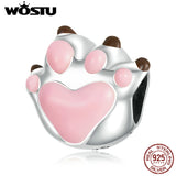 925 Silver Pink Pet Paw Charms Beads Women Bracelet Bangle Jewelry