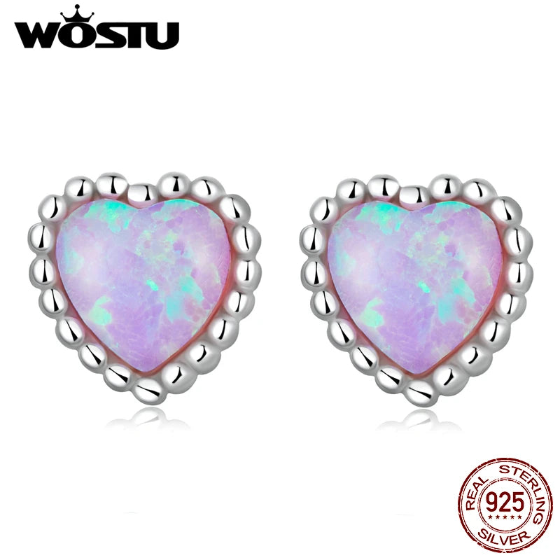 925 Silver Heart Pink Opal Stud Earrings Women Jewelry Gift