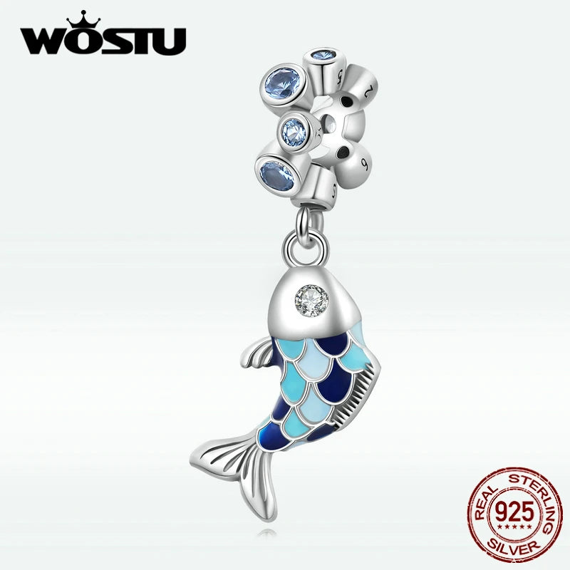 925 Silver Rainbow Bubble Fish Charm Beads DIY Necklace Bracelet Gift SCC2049