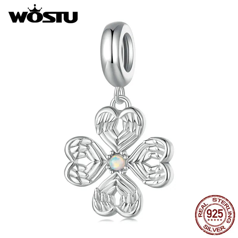 925 Silver Lucky Clover Grass Pendant Butterfly Leaves Charm
