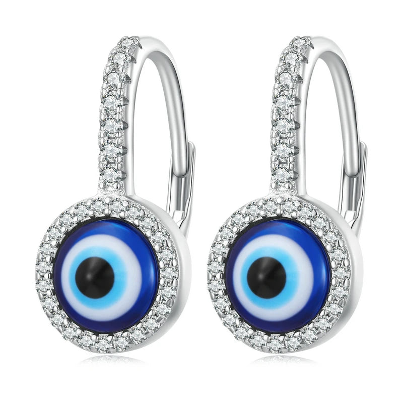 925 Silver Evil Eye Drop Dangle Earrings Zircon Hoops Pendientes