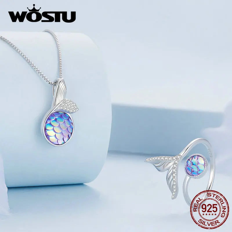 925 Silver Mermaid Tail Necklace Colorful Fish Scales Women Jewelry