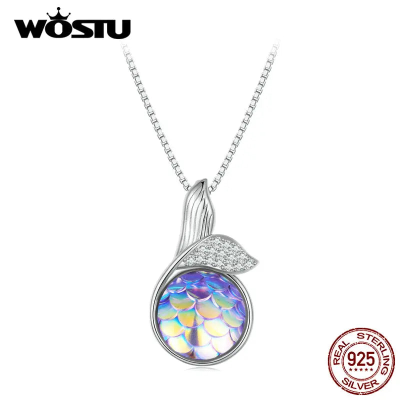 925 Silver Mermaid Tail Necklace Colorful Fish Scales Women Jewelry