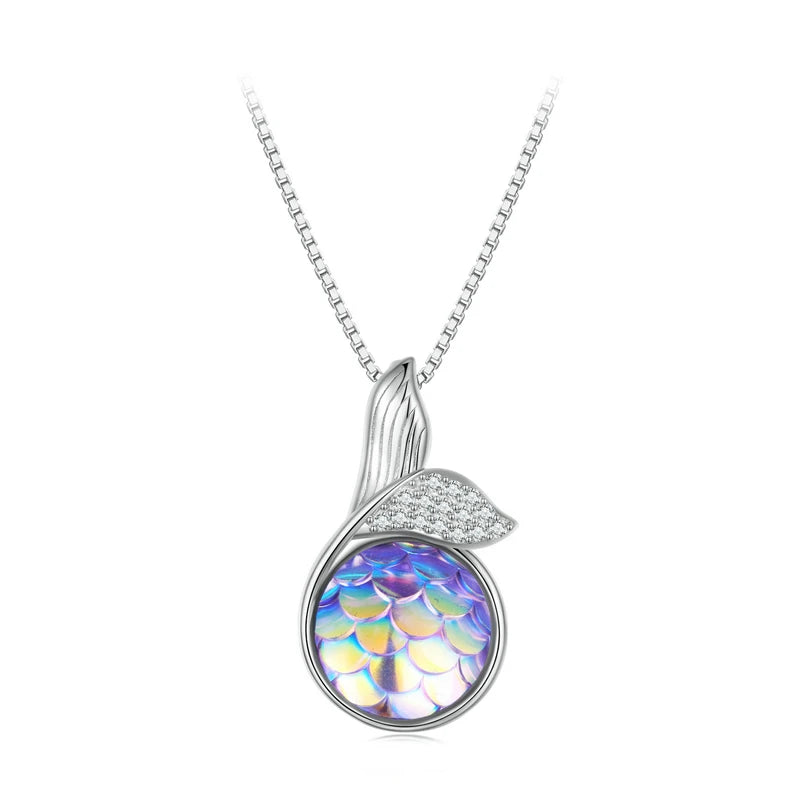 925 Silver Mermaid Tail Necklace Colorful Fish Scales Women Jewelry