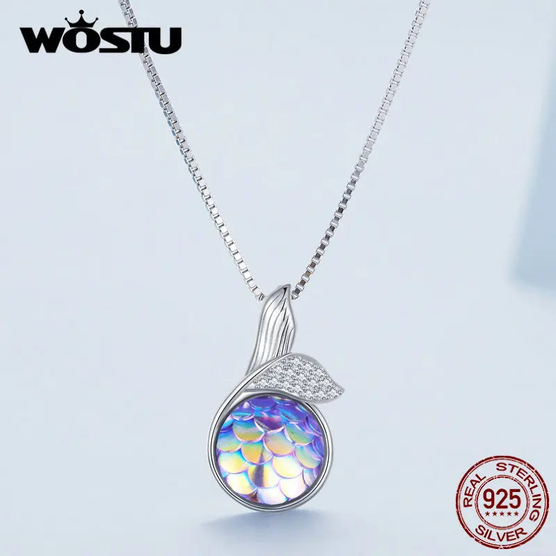 925 Silver Mermaid Tail Necklace Colorful Fish Scales Women Jewelry
