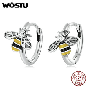 925 Silver Mini Bee Hoop Earrings CZ Circle Lady Jewelry E1337
