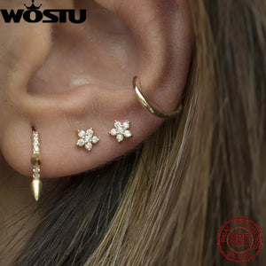 925 Silver Mini CZ Flower Ear Studs Women Manchet Clip Earrings