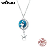 925 Silver Moon & Cat Star Necklace Enamel Chain Link CQN422