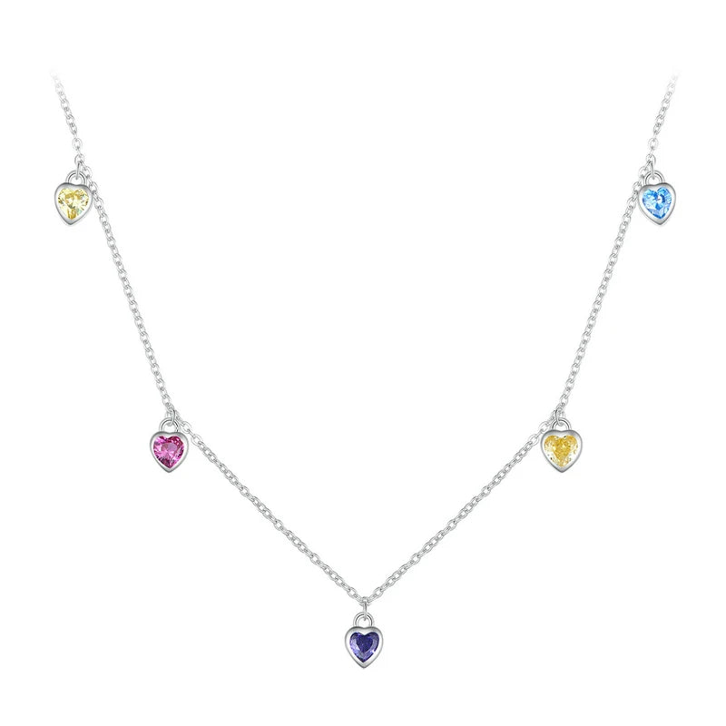 925 Silver Love Heart Necklace Rainbow Zircon Choker Wedding Jewelry