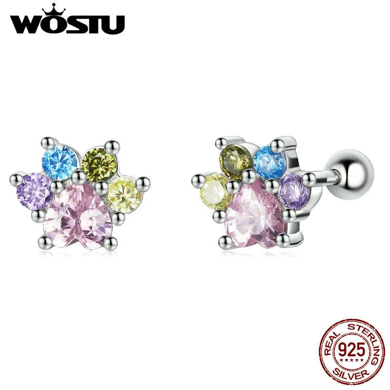 925 Silver Multicolor Zircon Paws Stud Earrings Rainbow S925 Ear Studs FIE1334