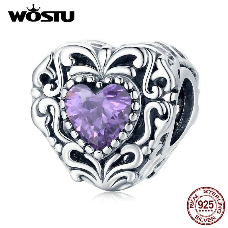 925 Sterling Silver Purple Zircon Heart Charm Pendant