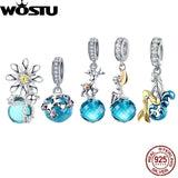 925 Silver Ocean Crystsal Charm Pendant Angel Wing Flower Beads