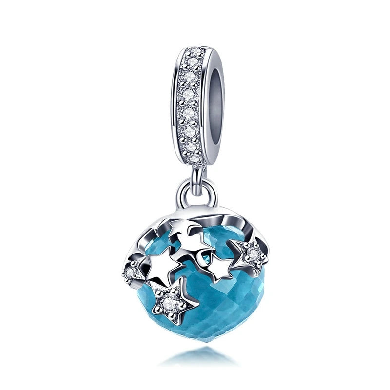 925 Silver Ocean Crystsal Charm Pendant Angel Wing Flower Beads