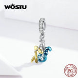 925 Silver Ocean Crystsal Charm Pendant Angel Wing Flower Beads