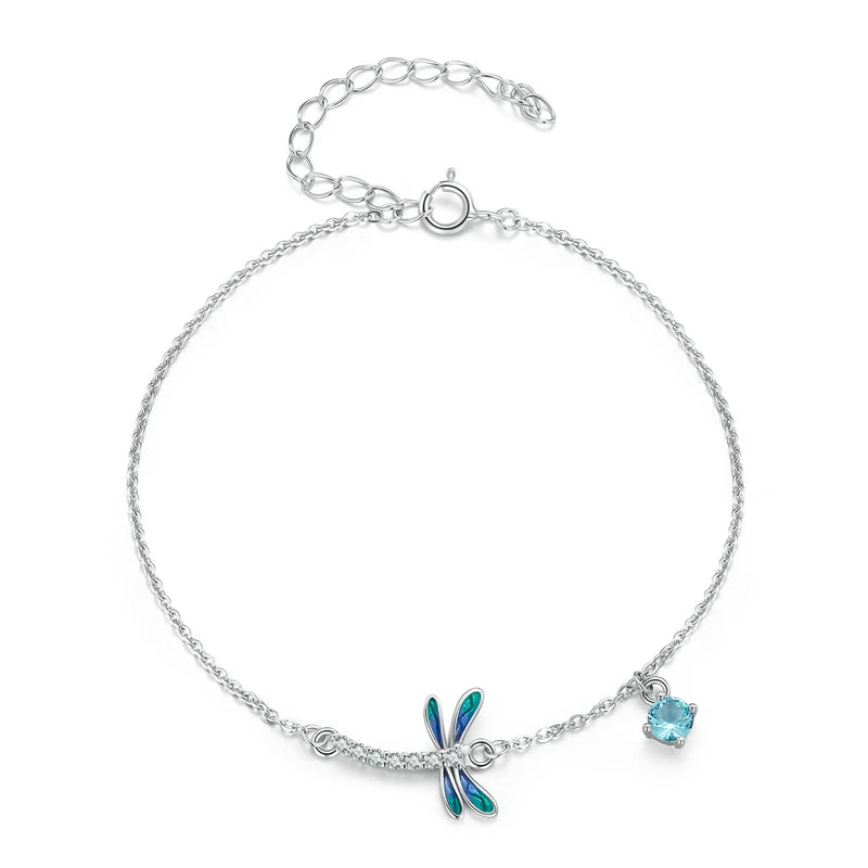 925 Silver Dragonfly Charm Bracelet Women Zircon Birthday Jewelry