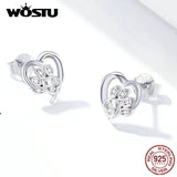 925 Silver Paw Dog Footprint Heart Stud Earrings Zircon Lovely Small Earrings
