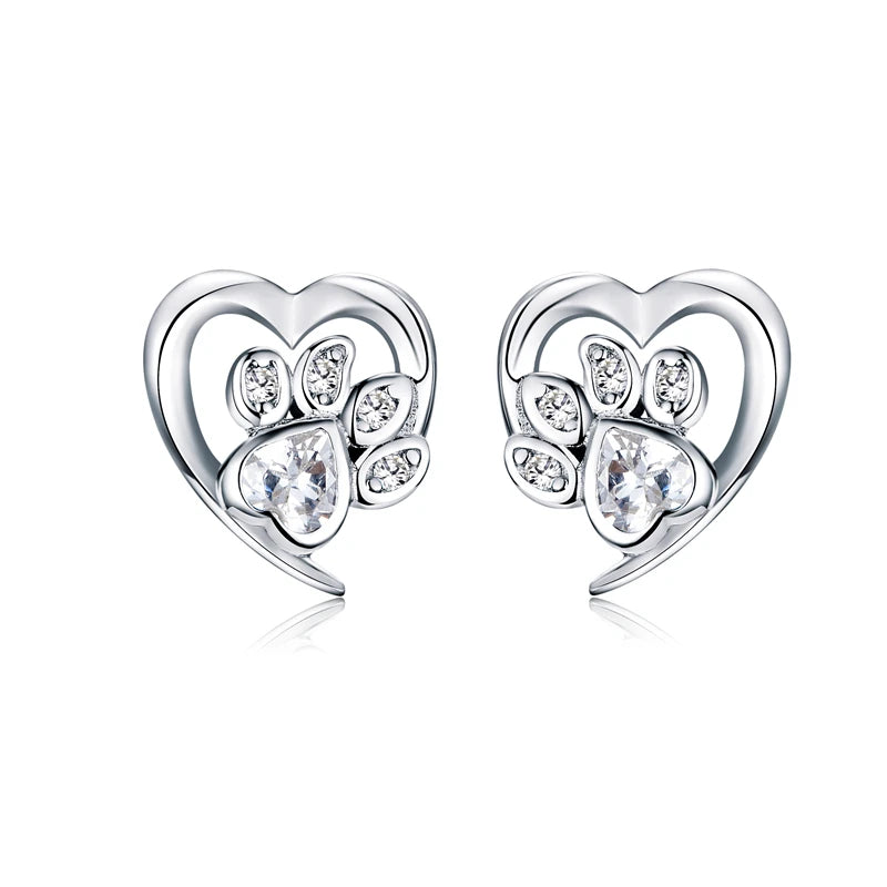 925 Silver Paw Dog Footprint Heart Stud Earrings Zircon Lovely Small Earrings