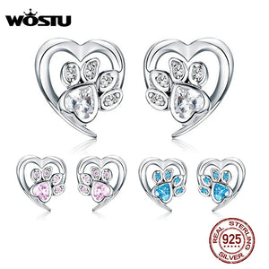 925 Silver Paw Dog Footprint Heart Stud Earrings Zircon Lovely Small Earrings