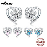 925 Silver Paw Dog Footprint Heart Stud Earrings Zircon Lovely Small Earrings