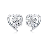 925 Silver Paw Dog Footprint Heart Stud Earrings Zircon Lovely Small Earrings
