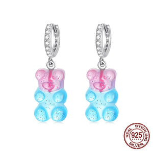 925 Silver Pink Candy Bear Stud Earrings For Women Party Gift