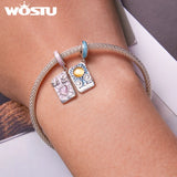 925 Silver Pink Tarot Cards Charms Pendant Sun Beads For Women Fit Bracelet