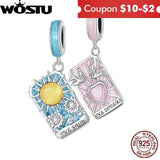 925 Silver Pink Tarot Cards Charms Pendant Sun Beads For Women Fit Bracelet