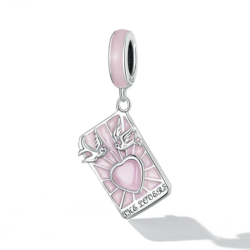 925 Silver Pink Tarot Cards Charms Pendant Sun Beads For Women Fit Bracelet
