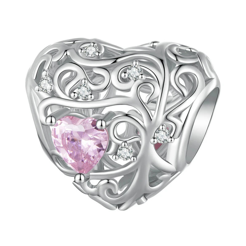 925 Silver Pink Crystal Heart Charms Bead Pendant for DIY Bracelet Necklace