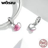 925 Silver Pink Crystal Heart Charms Bead Pendant for DIY Bracelet Necklace