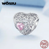 925 Silver Pink Crystal Heart Charms Bead Pendant for DIY Bracelet Necklace