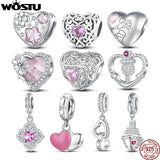 925 Silver Pink Crystal Heart Charms Bead Pendant for DIY Bracelet Necklace
