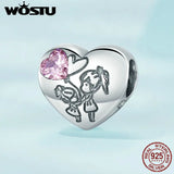 925 Silver Pink Crystal Love Sister Heart Beads for Bracelet Necklace