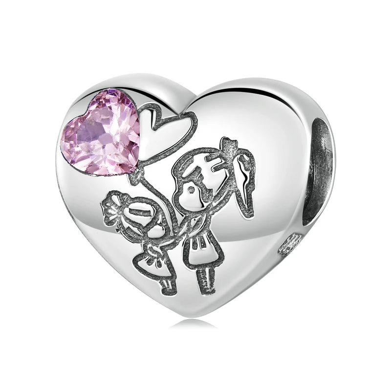 925 Silver Pink Crystal Love Sister Heart Beads for Bracelet Necklace