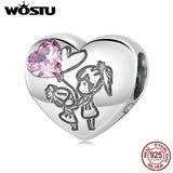925 Silver Pink Crystal Love Sister Heart Beads for Bracelet Necklace