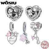 925 Silver Pink Crystal Heart & Pet Paw Charm Bead Bracelet Necklace