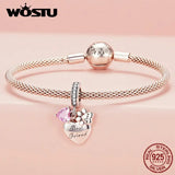925 Silver Pink Crystal Heart & Pet Paw Charm Bead Bracelet Necklace