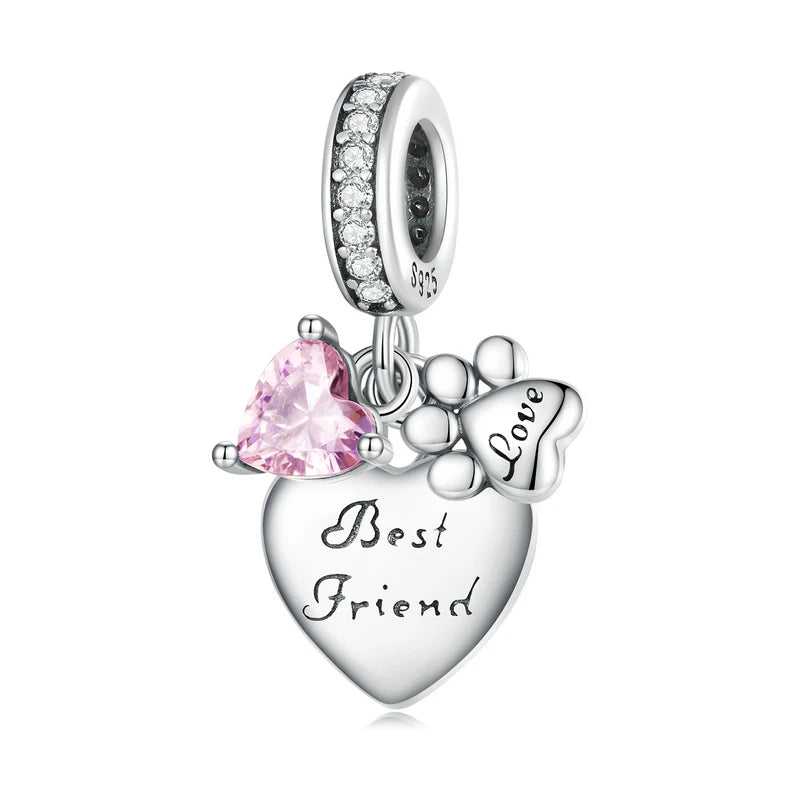 925 Silver Pink Crystal Heart & Pet Paw Charm Bead Bracelet Necklace