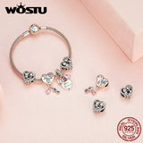 925 Silver Pink Crystal Heart & Pet Paw Charm Bead Bracelet Necklace