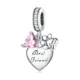 925 Silver Pink Crystal Heart & Pet Paw Charm Bead Bracelet Necklace